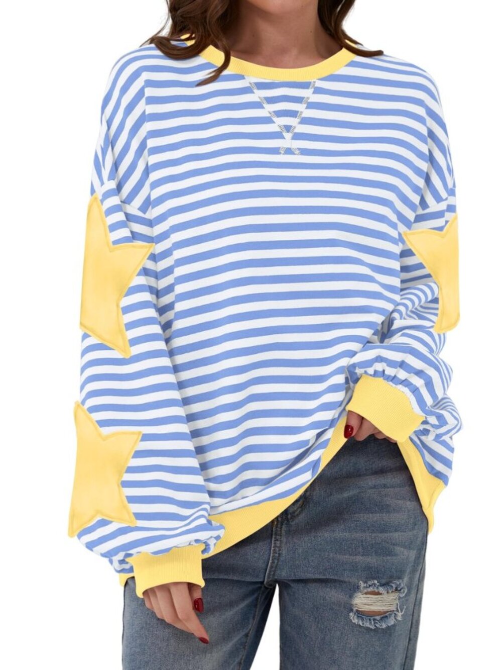 Women Oversized Striped Color Block Long Sleeve Crew Neck Sweatshirt Casual